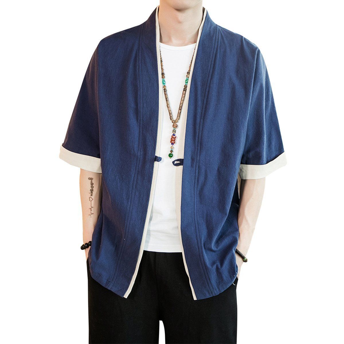 【迅速発送】foveitaa 夏服 メンズ 和式 パーカー 五分袖 半袖 メンズ 夏 大きいサイズ tシャツ 甚平 和風 羽織 和式 和柄 カーディガン コート 無地 ゆったり カジュアル 開襟シャツ 重ね着風 かっこいい トップス
