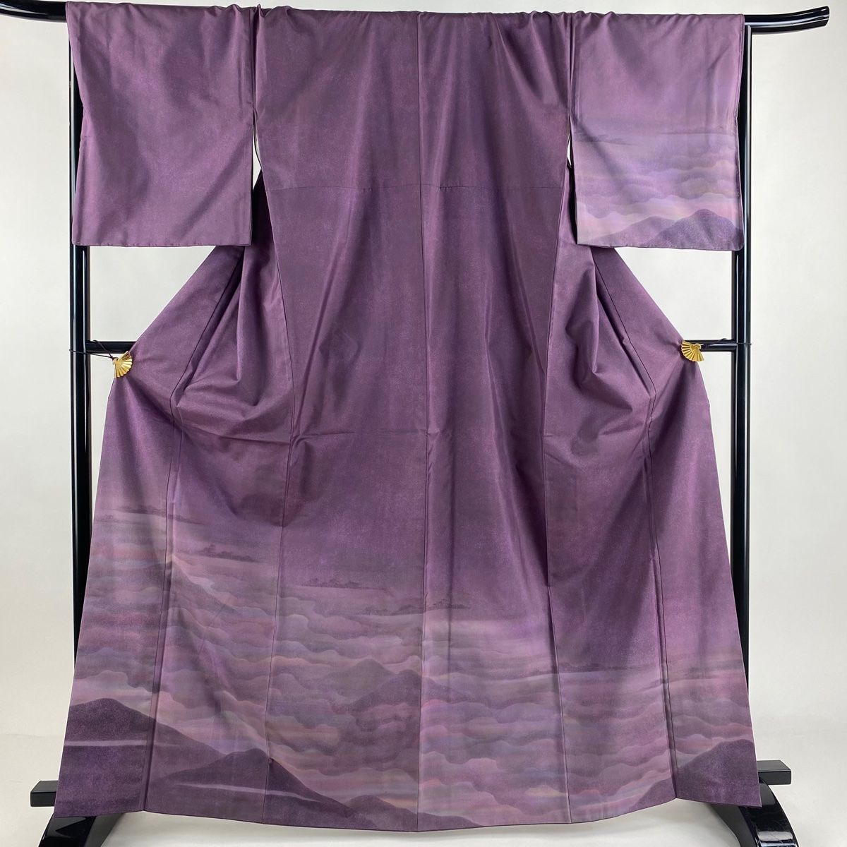 付下げ 身丈165cm 裄丈69cm L 袷 紬地 落款 山 雲 紫 正絹 美品