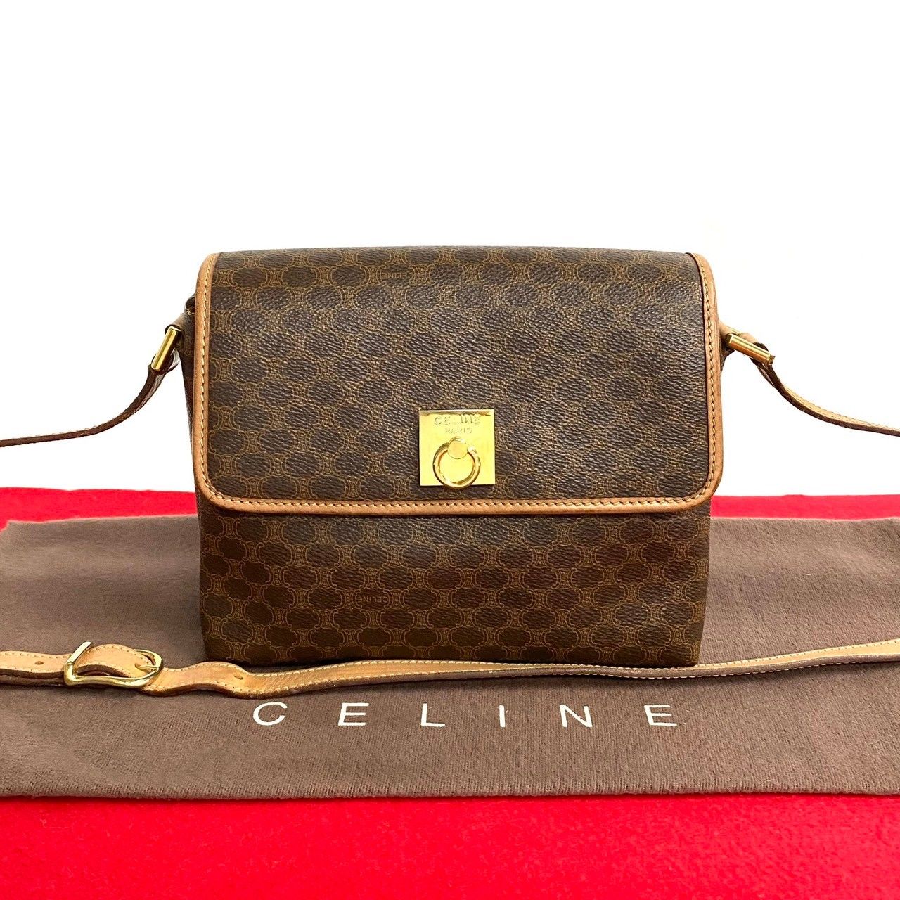 極 美品 希少品 CELINE セリーヌ マカダム ブラゾン リング 金具 レザー 本革 ミニ ショルダーバッグ ポシェット ブラウン 24236 -  メルカリ