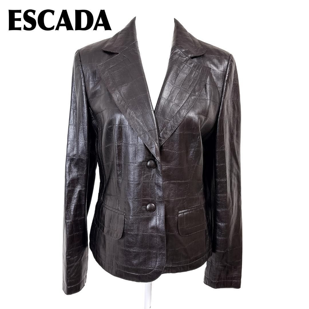 ESCADA レザー ジャケット 38号 美品】ESCADA 型押しレザージャケット ラムナッパ 38 ダークブラウン