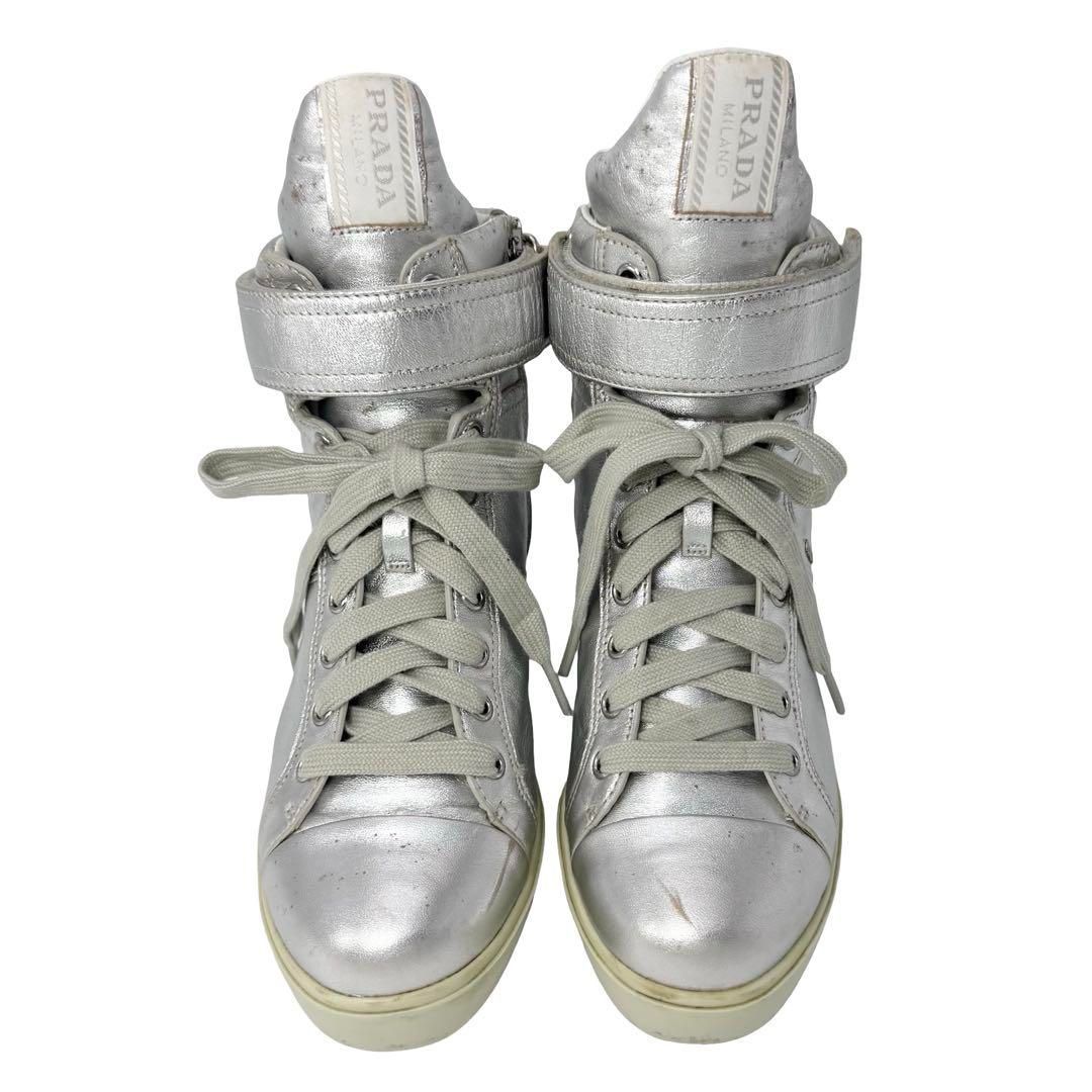 PRADA プラダスポーツ シルバー レザー ハイカット スニーカー 靴 表記35.5 約22.5 cm レディース