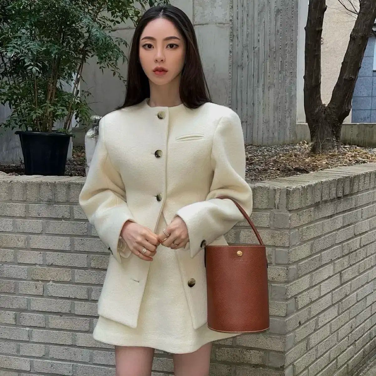 タグ付き ♥ フRECKLE ノーカラー アルパカ ジャケット ミニ スカート クリーム アイボリー