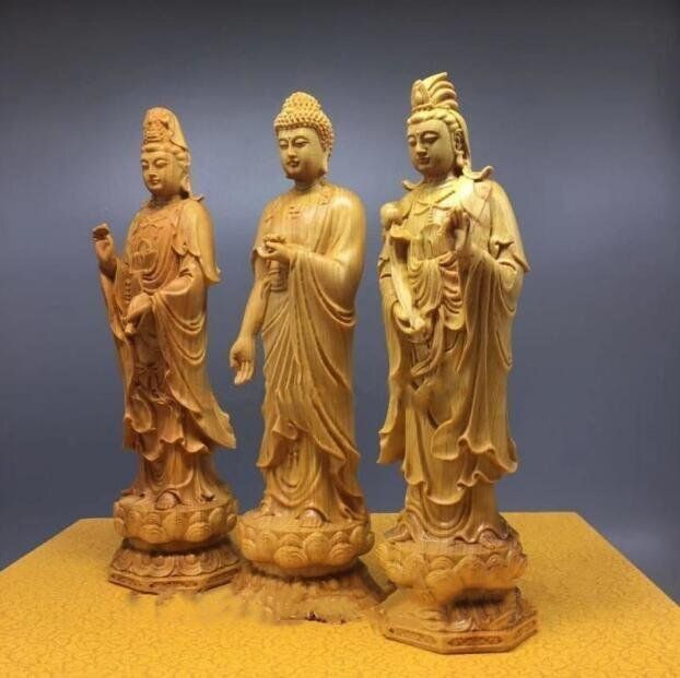 人気美品☆仏教美術 高さ約20cm 阿弥陀如来三尊立像 ツゲ 観音