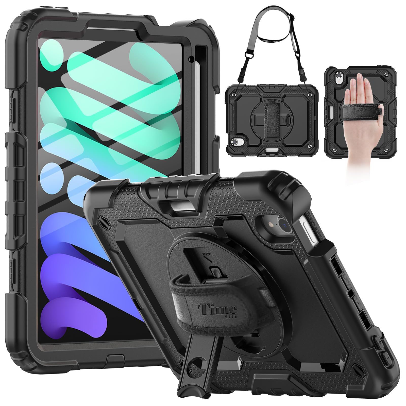 Timecity iPad Mini 7 (A17 Pro) 2024/ Mini 6 8.3インチ用ケース iPad Mini 第7世代/第6世代用ケース 丈夫な保護ケース スクリーンプロテクター、鉛筆ホルダー、回転スタン [ブラック] [8.3 inch]