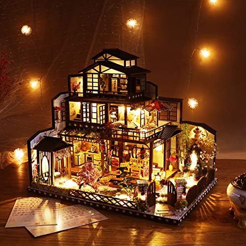 温泉ヴィラLEDライトアセンブリモデルおもちゃ| クリスマスプレゼント用のダストカバー付きDIYドールハウスキットミニチュア家具
