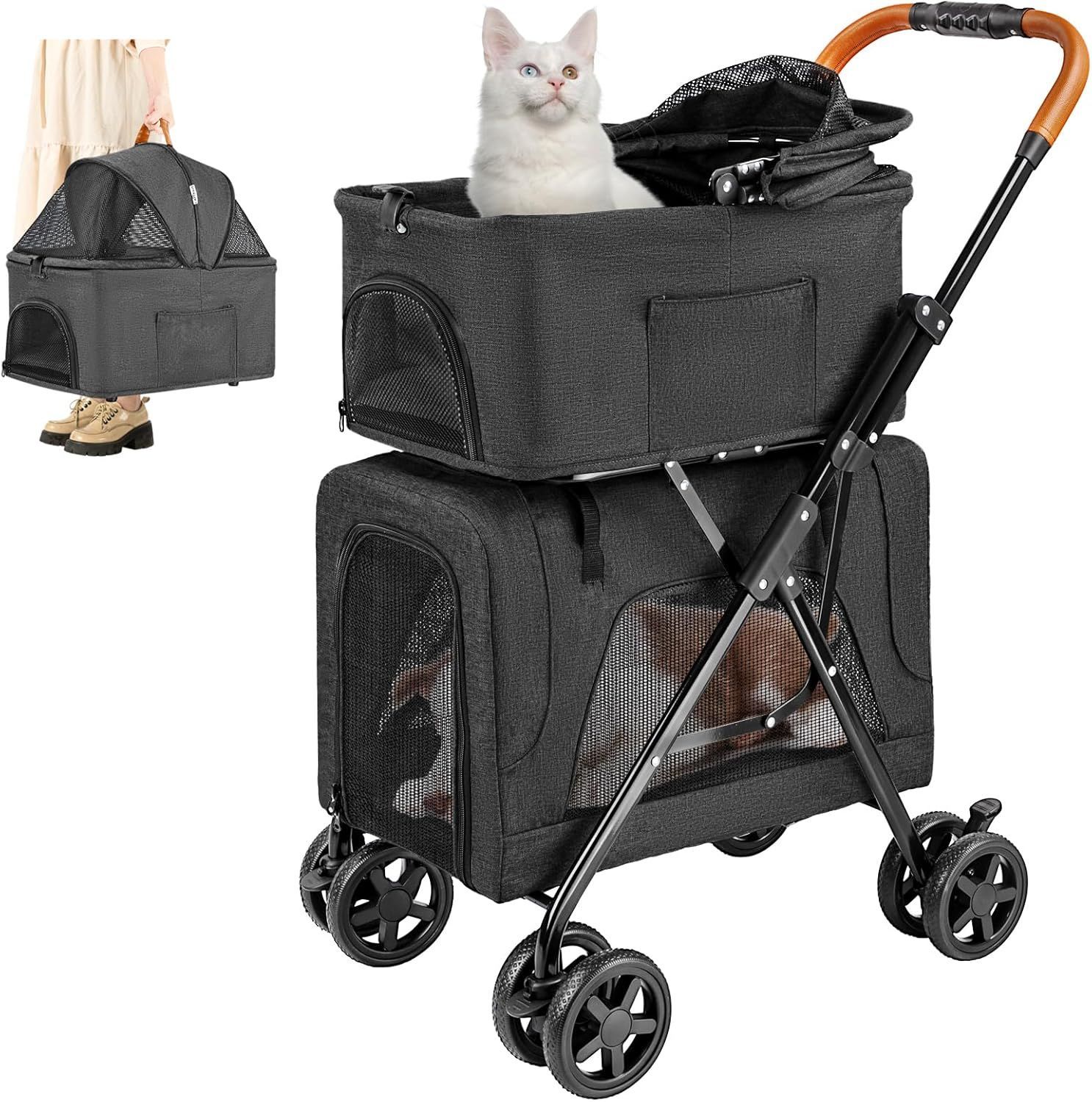 LPOTIUS ペットカート 多頭 上下2段式 分離型 折りたたみ ペットバギー 軽量 犬用ベビーカー コンパクト収納 ペットキャリーバッグ 4輪 前輪360°回転 後輪ブレーキ付き 小型犬 中型犬 犬猫兼用