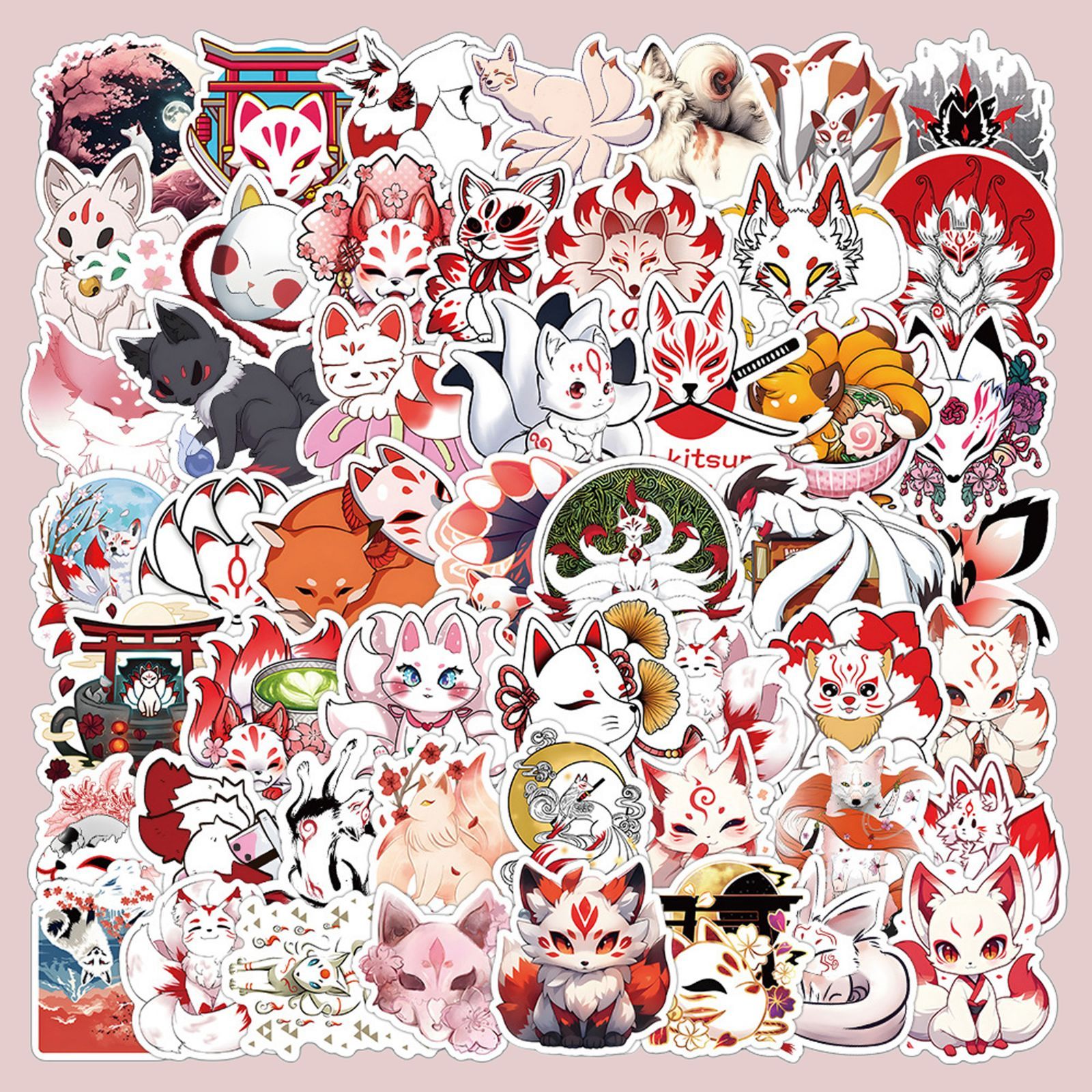 ファンタジー風狐デザイン ステッカー 狐面(横)タトゥー風線画イラスト 