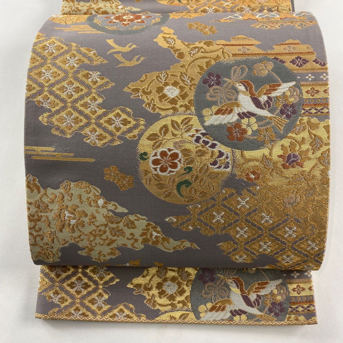 袋帯 秀品 草花 鳥 金糸 箔 灰紫 六通 正絹 【中古】 - メルカリ