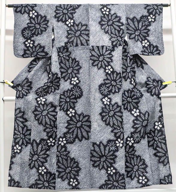 一輝堂 着物 浴衣 昭和レトロ ゆかた 有松絞り 花柄 身丈約157cm 裄丈約62cm 25z06-3408