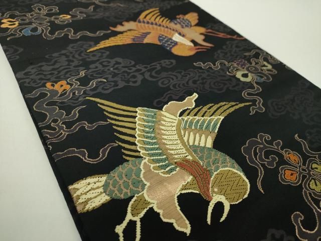 平和屋着物●アンティーク 大正ロマン 丸帯 引き抜き帯 唐織 花鳥文 黒地 金糸 正絹 DAAY1258ps