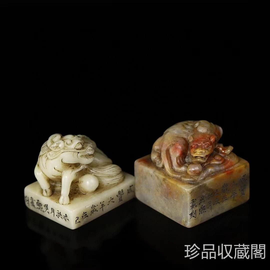 中国古美術・旧蔵寿山石瑞獣鈕の印鑑・木箱付き・手彫り・風水・書道具・文房具・置物 中国古美術・旧蔵寿山石瑞獣鈕の印鑑・木箱付き・手彫り・風水・