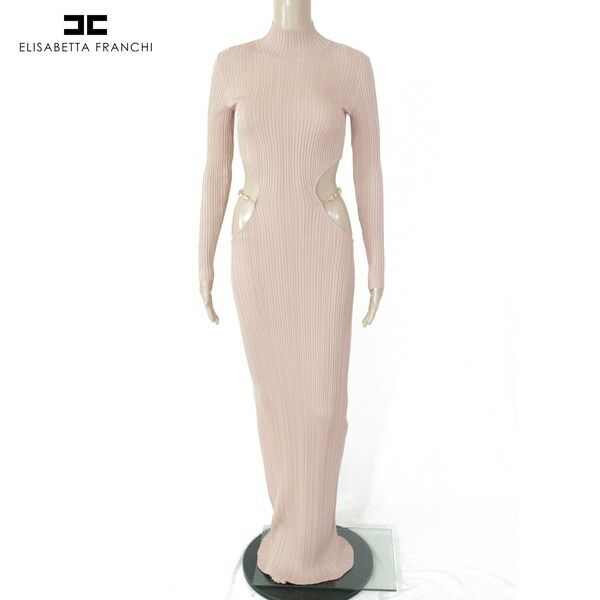 80%OFF エリザベッタフランキ ELISABETTA FRANCHI ワンピース 40 EOP1693 S Mサイズ ピンクベージュ レディース ロング丈ワンピース 長袖 細リブ編み ウエスト見せ