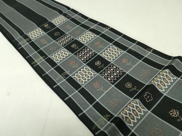 平和屋着物●六通柄袋帯　刺繍　刺子　格子花文　正絹　逸品　未使用　DAAT7740ob 平和屋着物○六通柄袋帯 刺繍 刺子 格子花文 正絹 逸品 未使用