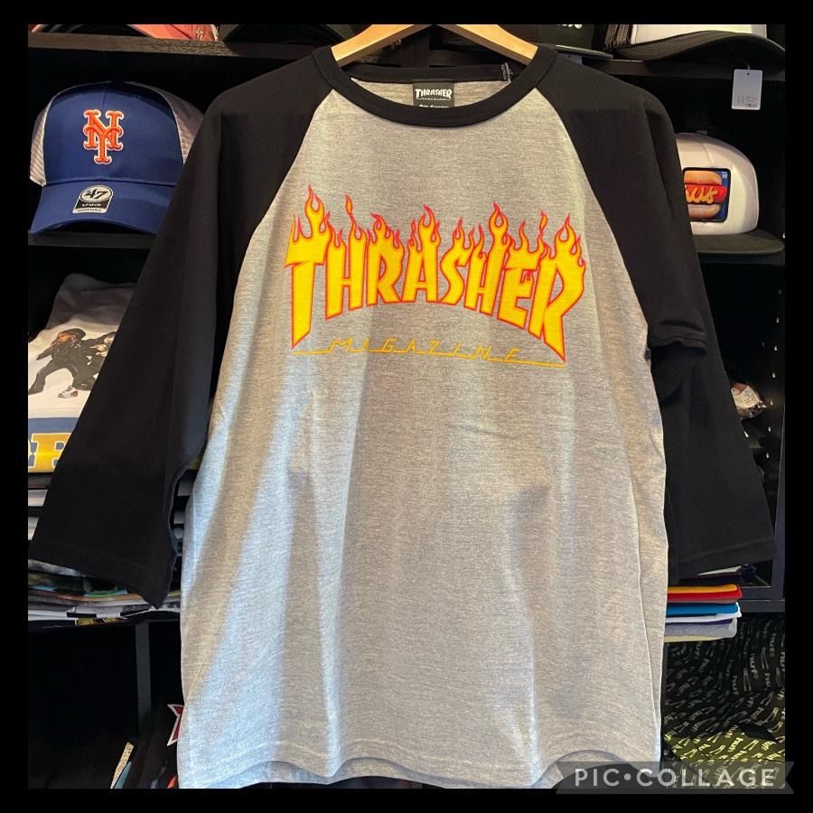 THRASHER FLAME LOGO 3/4 SLEEVE T-SHIRTS 七分袖 TEE ラグラン メンズ レディース S-XL GRAY/BLK/BLK Mサイズ