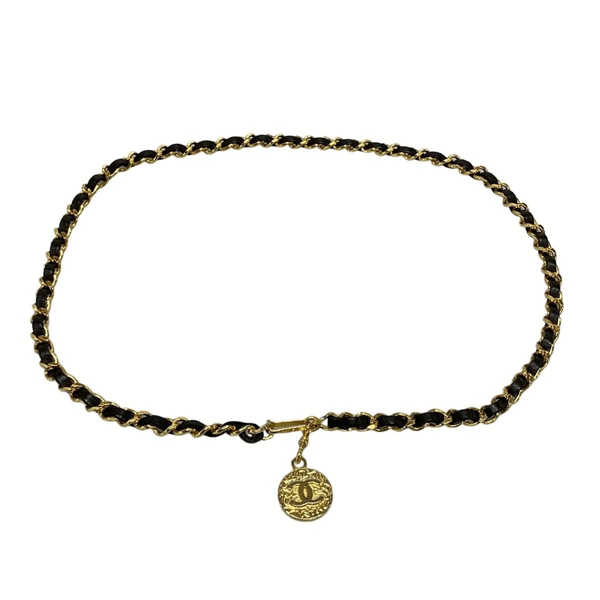CHANEL 黒 レザー ベルト ゴールドチェーン CHANEL(シャネル) ベルト 黒×ゴールド チェーンベルト/ココ