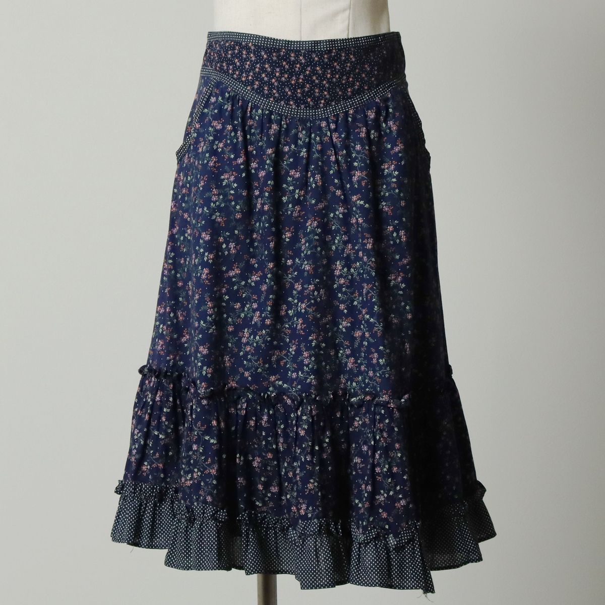 古着 70年代 ガンネサックス GUNNE SAX GUNNIES ガニーズ ドット柄 ボタニカル柄 フリル付き 総柄 コットン ハーフ丈|evb031117