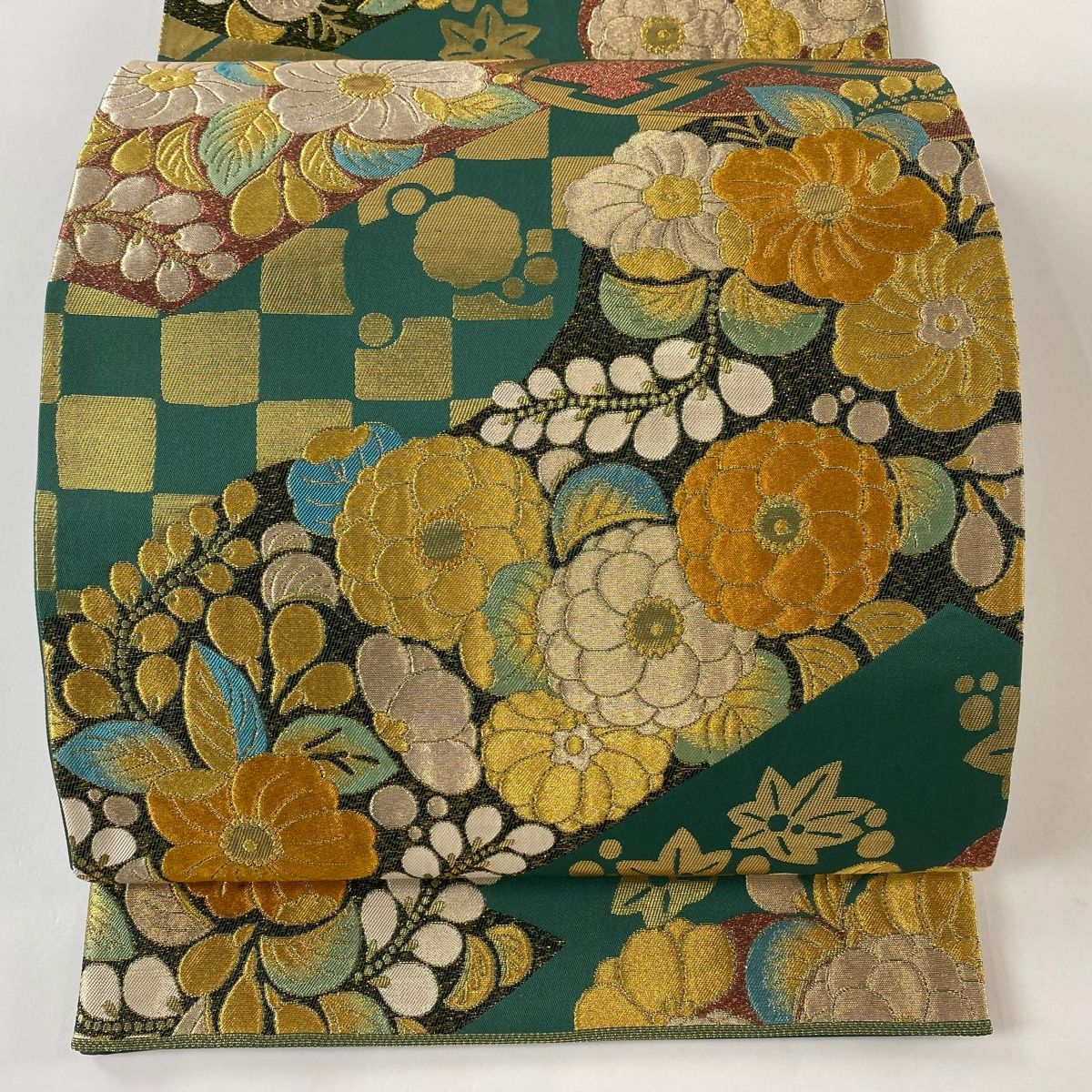 袋帯 秀品 草花 市松 金銀糸 箔 緑 六通 正絹