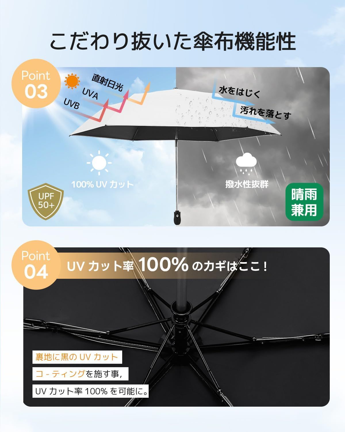 【特価商品】遮熱 反射冷却素材採用 完全遮光 ワンタッチ自動開閉 100% 折りたたみ傘 コンパクト UVカット率 折り畳み日傘 紫外線遮断 189g-199g 耐風撥水 晴雨兼用 軽量 携帯便利 メンズ 日傘 レディース 母の日 konciwa 父の日