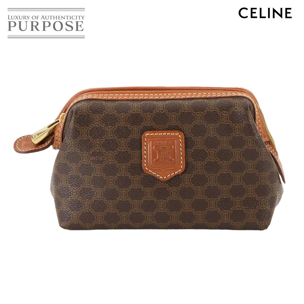 セリーヌ CELINE マカダム ポーチ PVC レザー ブラウン ゴールド 金具