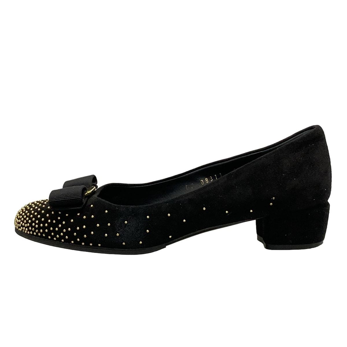 FERRAGAMO SalvatoreFerragamo サルバトーレフェラガモ パンプス 5 D レディース - 黒×ゴールド ヴァラ スタッズ アウトソール張替済