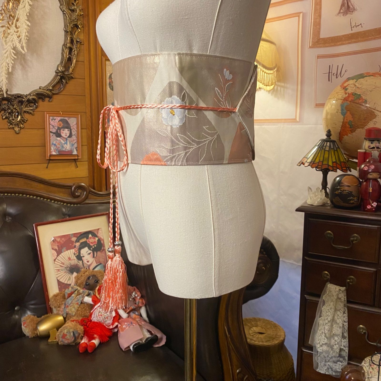 名古屋帯 リメイク サッシュベルト 飾り帯 和洋折衷 ハンドメイド レトロ 古着 L〜LL対応 陽だまりに、ちいさな恋を咲かせて。 ROB-107 名古屋帯 リメイク サッシュベルト 飾り帯 和洋折衷 ハンドメイド