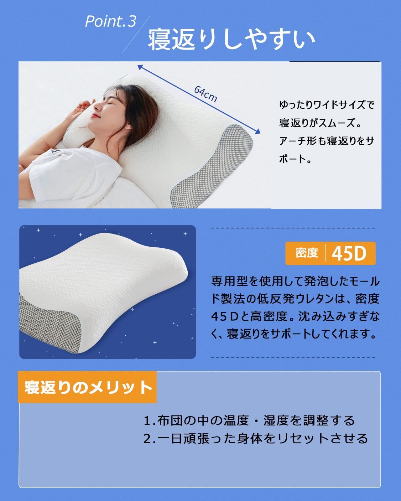 未開封枕 低反発 首が痛くならない幅64cm×奥行40cm ホワイト 色:グレー 