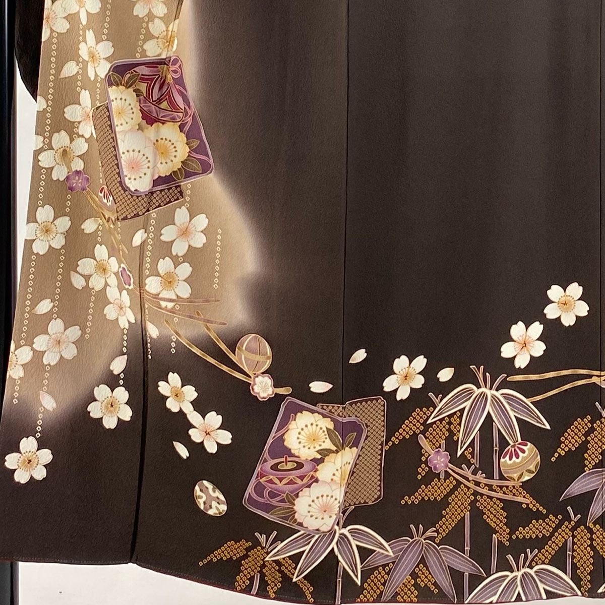 振袖 身長159-174cm 濃茶　正絹 振袖 身丈159cm 裄丈64cm M 袷 鈴乃屋 蝶 藤 金彩 染め分け 黄土