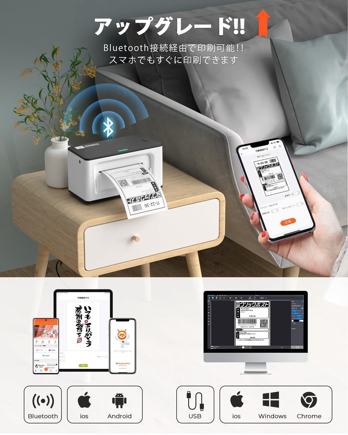 新着商品 MUNBYN ラベルプリンター シールプリンター USB Bluetooth接続 150mm s 高速 ワンクリック設定 ホーム オフィス 配送パッケージ 倉庫 郵便 配達 小包 物流用 Windows Mac OS対応 4x6インチラベル対応