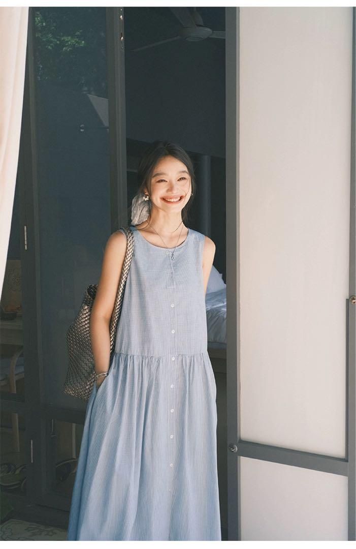 ノースリーブチェック柄ロングワンピース 夏秋デートに最適ゆったり可愛い