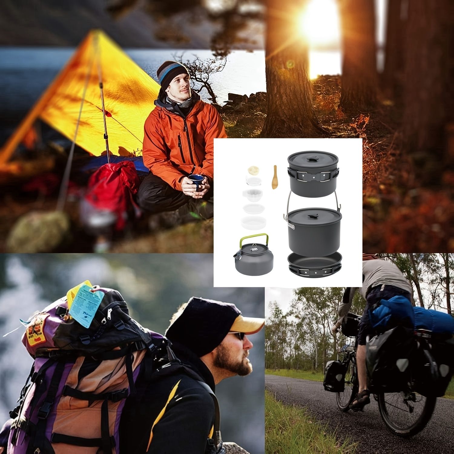 新着商品 6-7人用ケトルとポットセットアウトドア用アルミキャンプ調理器具セット折りたたみ式調理器具キャンプ用ティーポットとフライパンノンスティック軽量ポット収納バッグ付きキャンプアウトドア調理ピクニックに適していますZtX