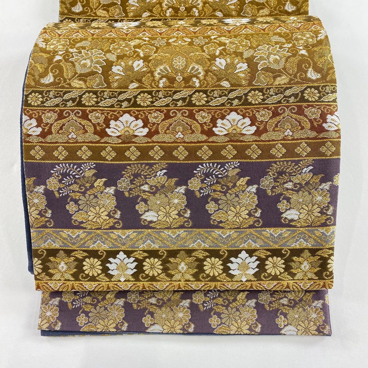 新品袋帯 名品 花菱 花唐草 箔 唐織 ベージュ 六通 正絹袋帯 名古屋帯 美品 逸品 花 菱文 唐織 ベージュ 正絹 【中古】（袋帯