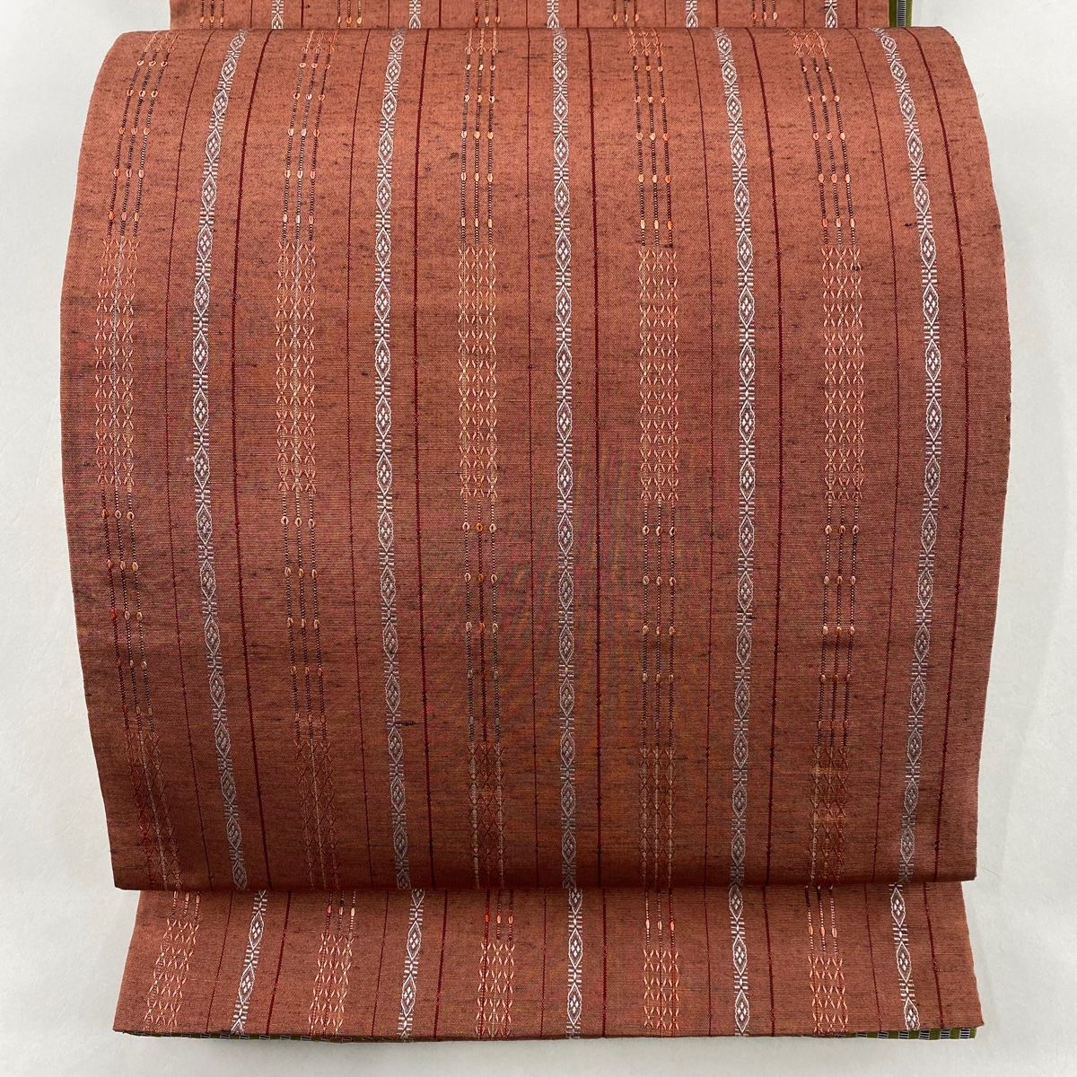 袋帯 美品 秀品 縞 金糸 赤茶 全通 正絹 【中古】