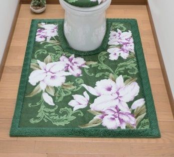 ♪カトレア柄 トイレ マット ［80✕115cm］　抗菌・消臭加工　　　　トイレマット トイレ用 グリーン むらさき パープル