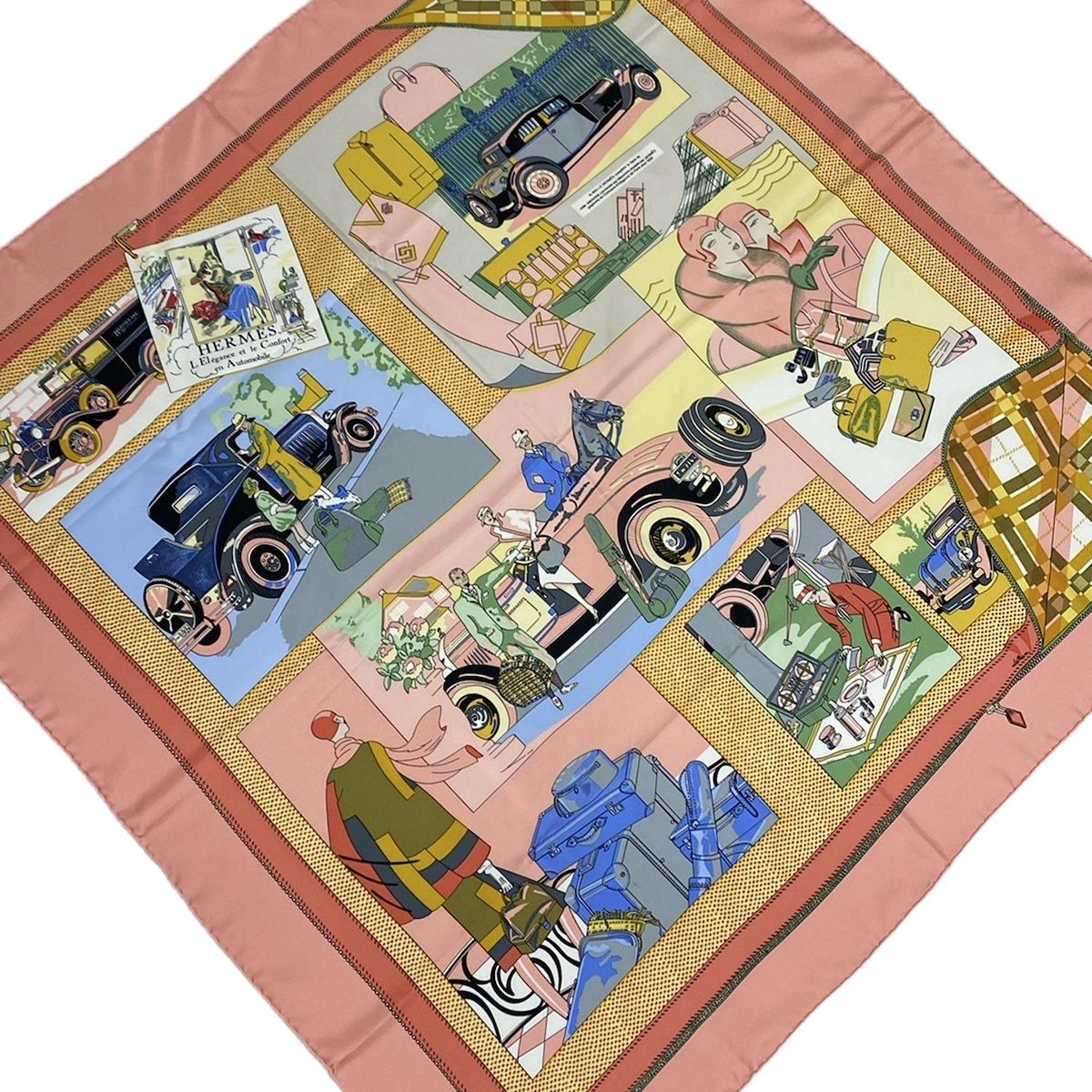 HERMES エルメス スカーフ カレ90 ピンク×マルチ L Elegance et le Confort en Automobile 自動車の快適