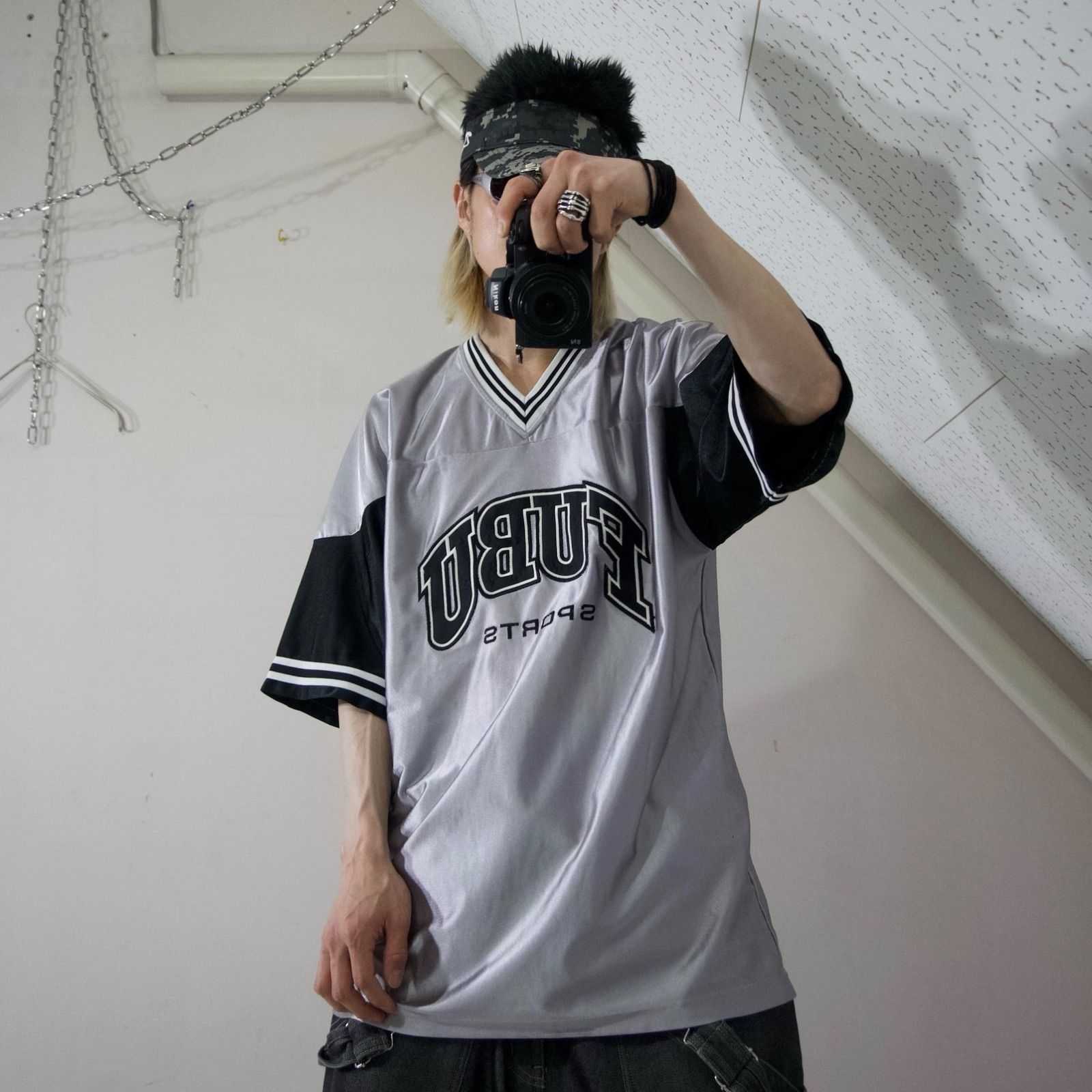 FUBU Metallic Shiny Silver V-Neck Game Shirts フブ