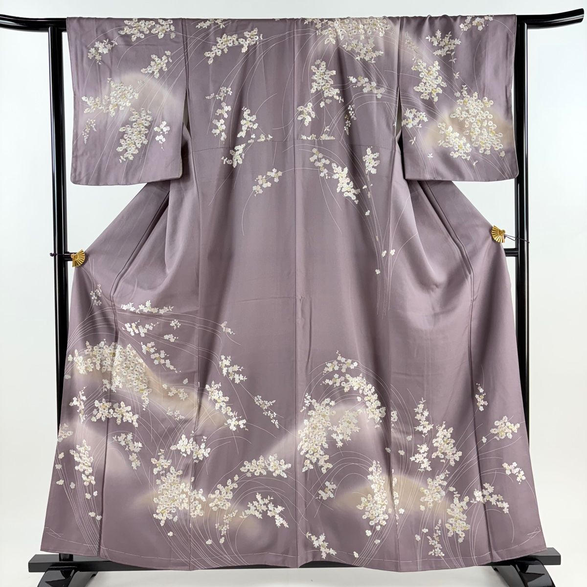 訪問着 身丈160cm 裄丈63.5cm S 袷 草花 金糸 刺繍 灰紫 正絹 名品