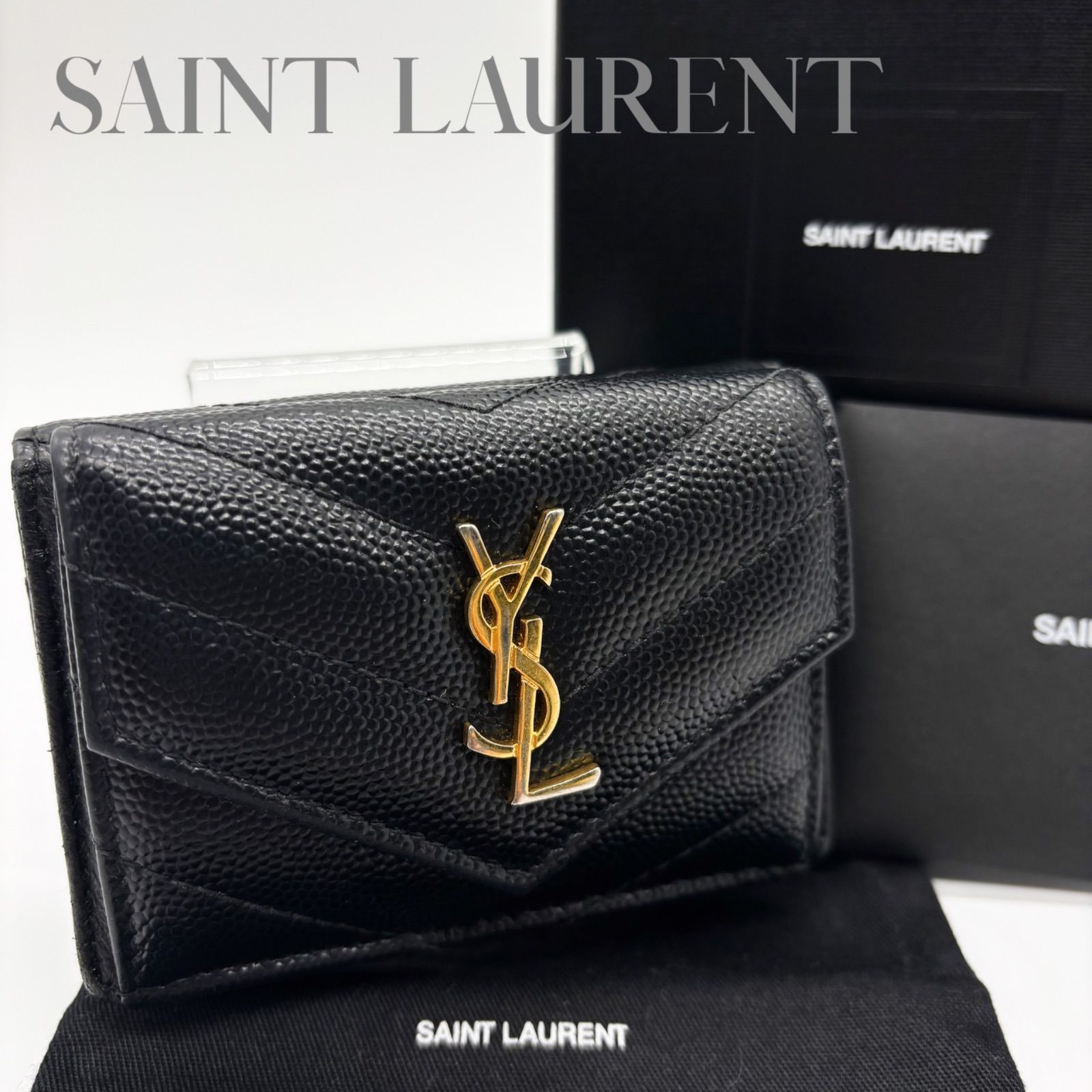 SAINT LAURENT サンローラン 3つ折り財布 カサンドラ レザー ブラック Vステッチ