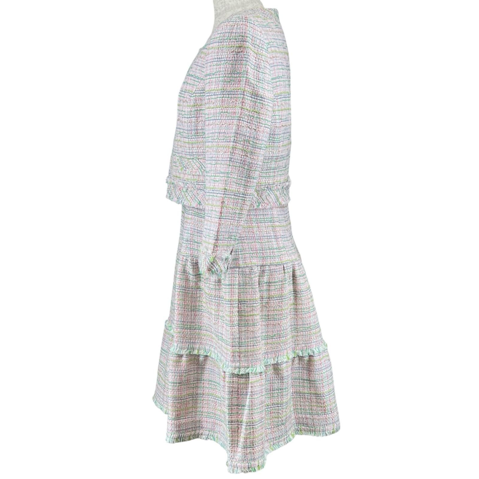 ▲Rene ルネ リミテッドエディション TISSUE社生地使用 ミックスツイード ノーカラージャケット ティアードワンピース セットアップ マルチカラー 38 日本製 正規品 レディース