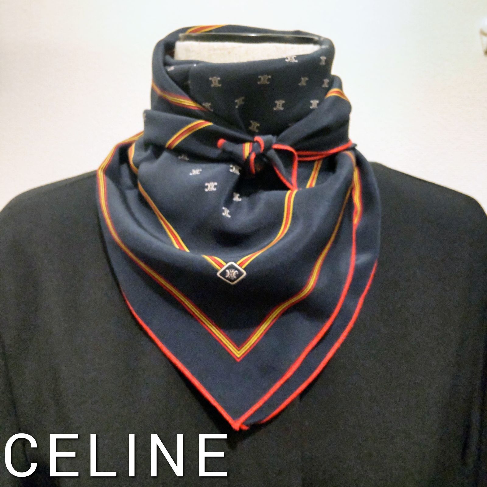 CELINE オールド セリーヌ スカーフ 中盤サイズ シルク ネイビー