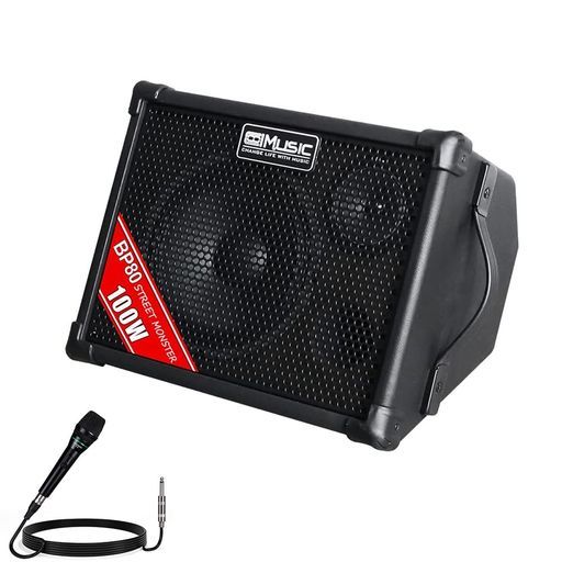 CoolmusicBP80バッテリー駆動アコースティックギターアンプ-ポータブルBTアンプ100W 6入力 3バンドEQ ブラック