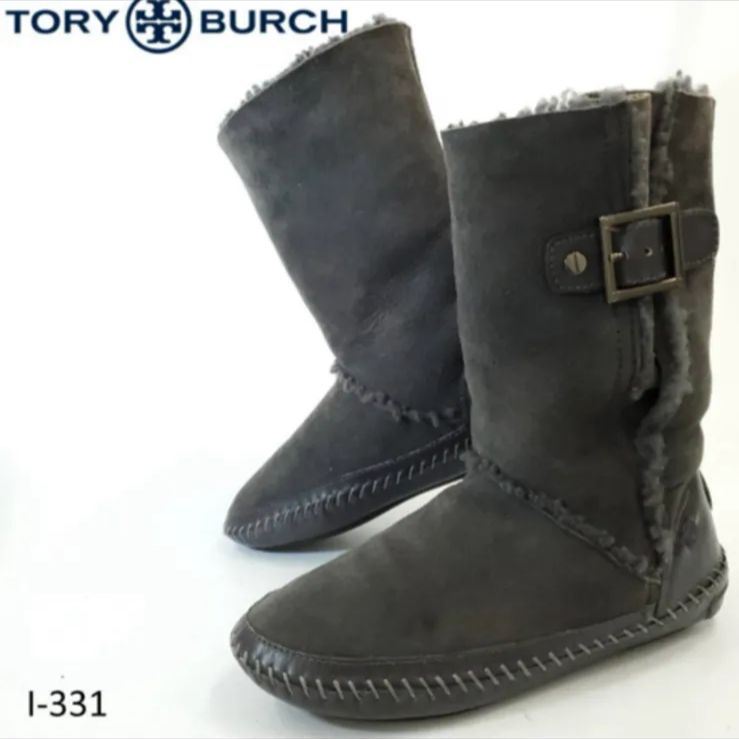 Tory Burch トリーバーチ ムートンブーツ 踵ロゴ ヌバック×レザー×ムートン 22.5cm