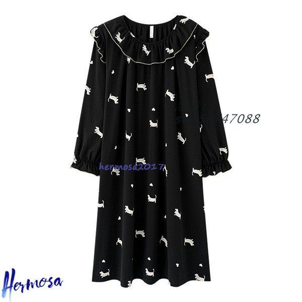 春秋 ネグリジェ レディース パジャマ ルームワンピース コットン 綿 カジュアル 薄手 肌に優しい ロング丈 犬柄 家着 長袖 ゆったり am5a747088