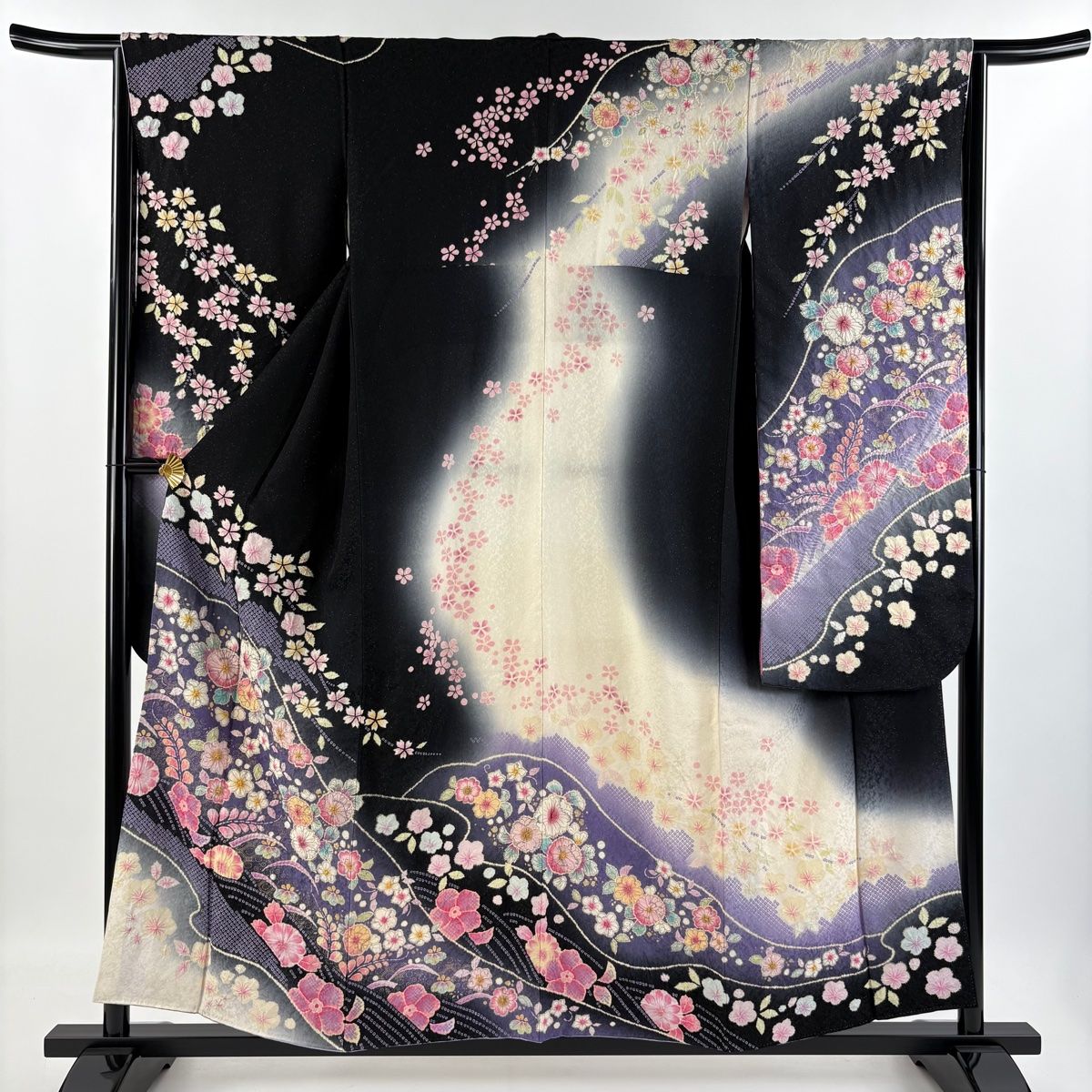 振袖 身丈155.5cm 裄丈64cm M 袷 徳永憲峯 落款 辻が花 金通し 金彩 黒 正絹