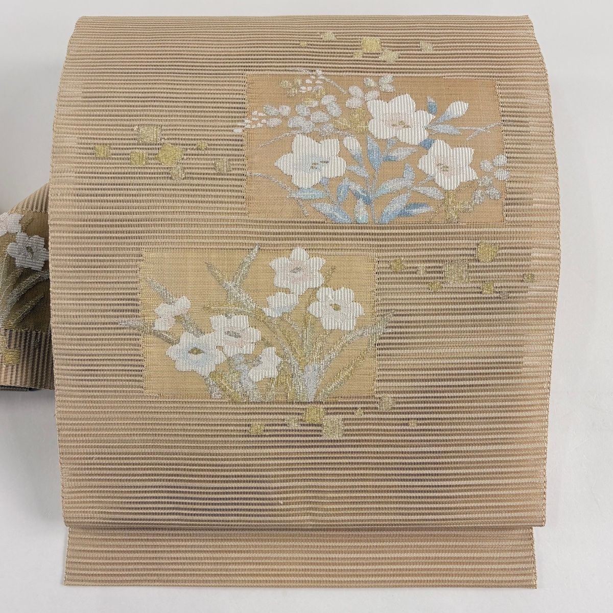 名古屋帯 秀品 夏帯 絽 桔梗 萩 金銀糸 薄茶色 正絹