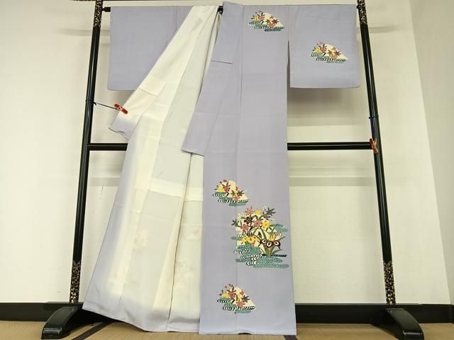 平和屋着物○訪問着 型染め 流水花文 杜若 正絹 逸品 AAAZ0092zg 平和