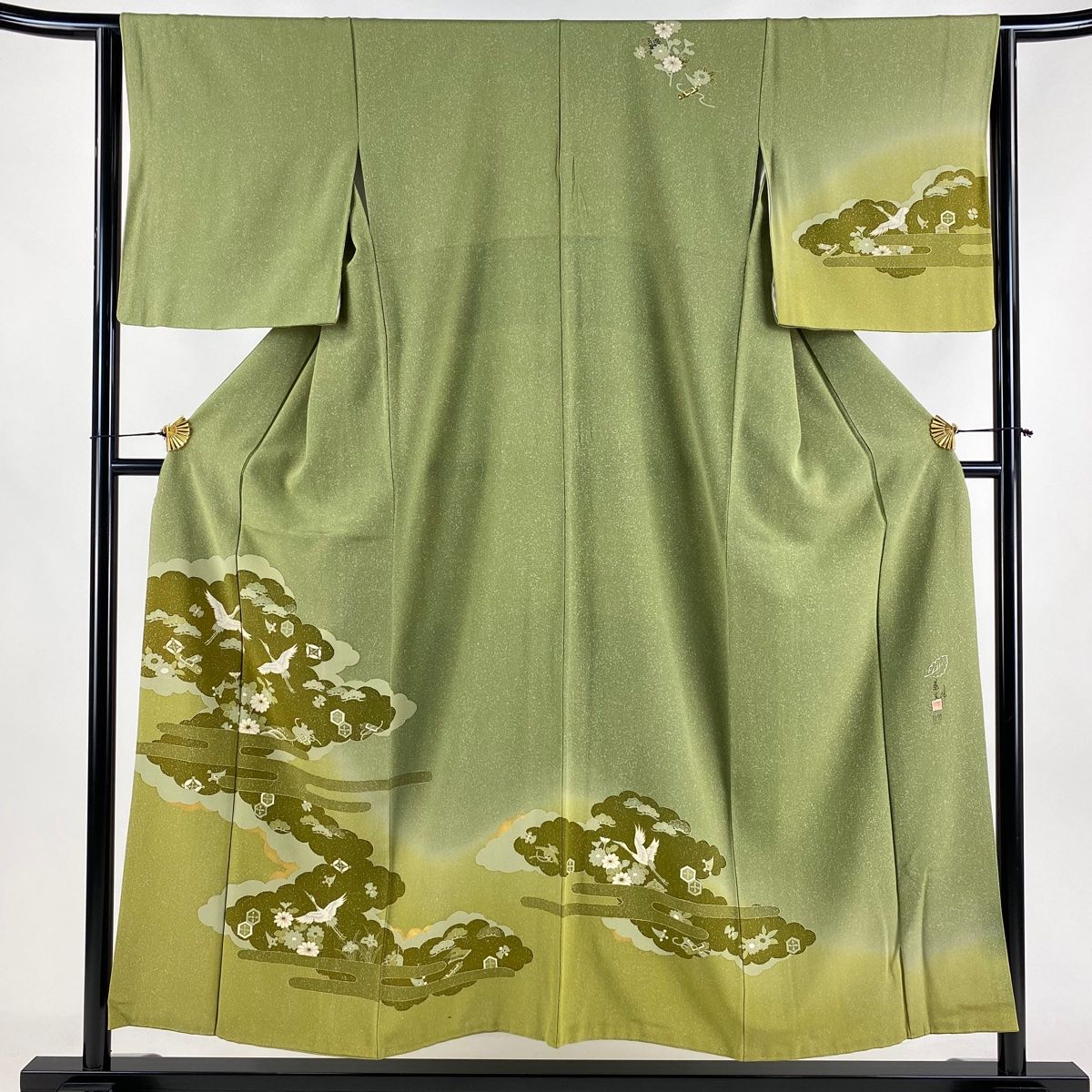 訪問着 身丈152cm 裄丈63.5cm S 袷 落款 鶴 松 金彩 ぼかし よもぎ色 正絹 秀品