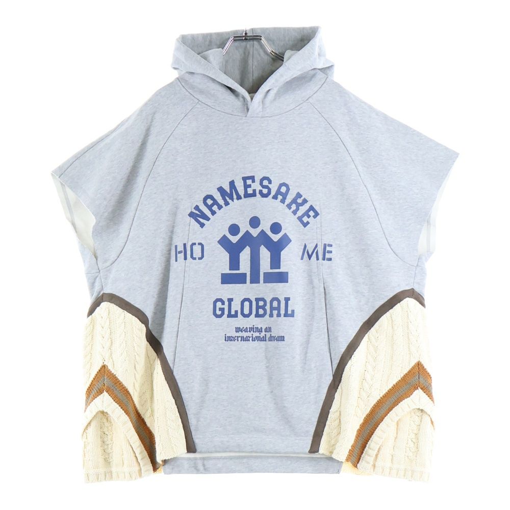 NAMESAKE ナメサケ 23AW IVY SLEEVELESS HOODIE フロントプリント スウェットニット切替デザイン スリーブレスプルオーバーパーカー フーディー グレー|ベージュ