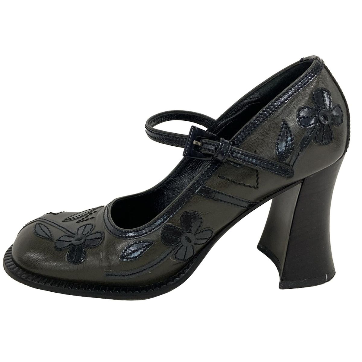 PRADA プラダ パンプス 35 レディース - カーキ×黒 フラワー 花 レザー