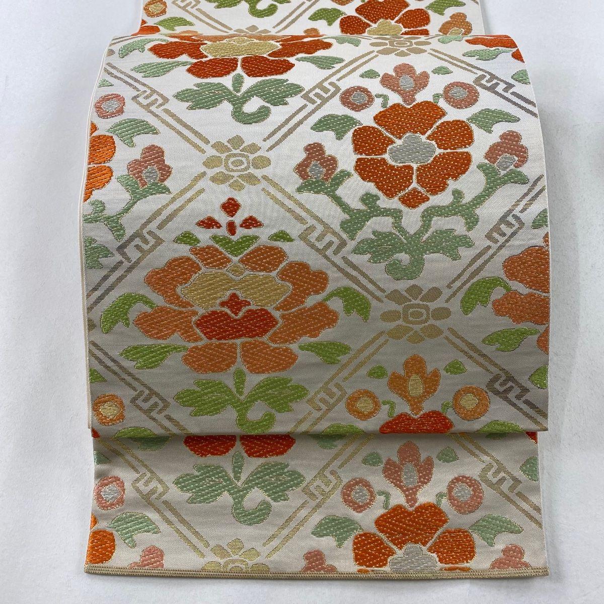 袋帯 逸品 川島織物 落款 菱 草花 金糸 箔 ベージュ 六通 正絹