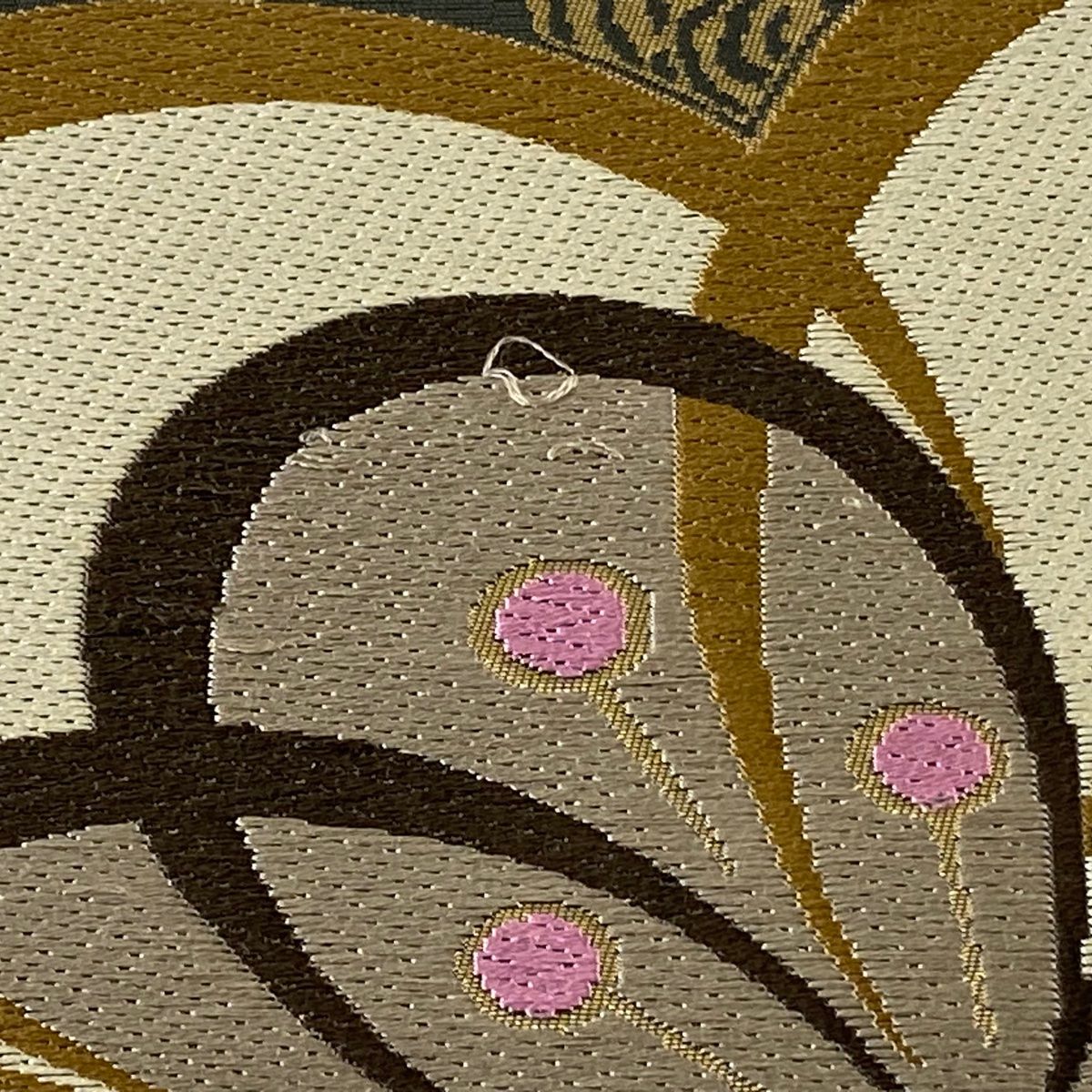 袋帯 逸品 白綾苑大庭 落款 花 幾何学 刺繍 箔 鶯色 六通 正絹